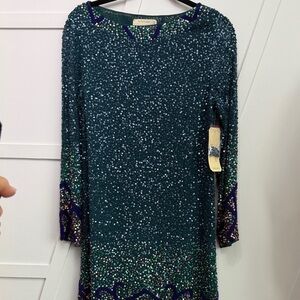 Elegant Long Sleeve Sequin Dress in Teal and Navy